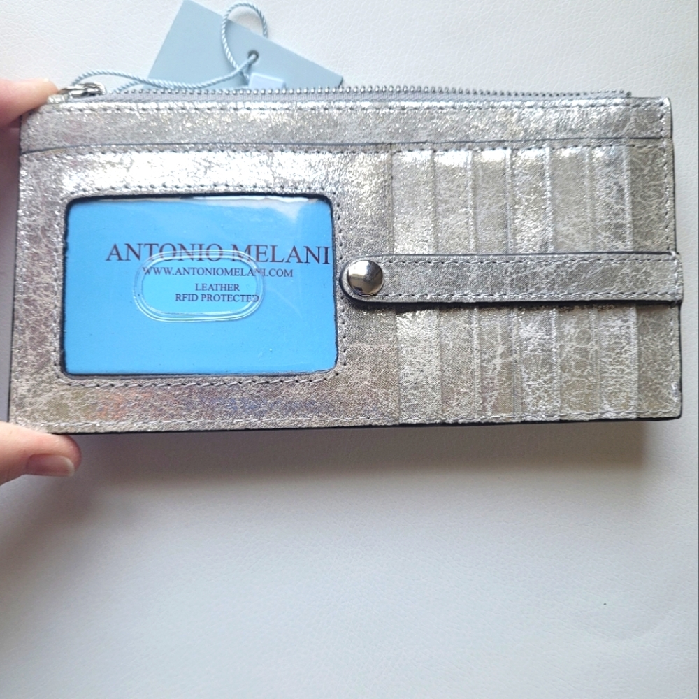 NWT Antonio Melani East West Silver Hardware Metallic Leather Flat Zip…